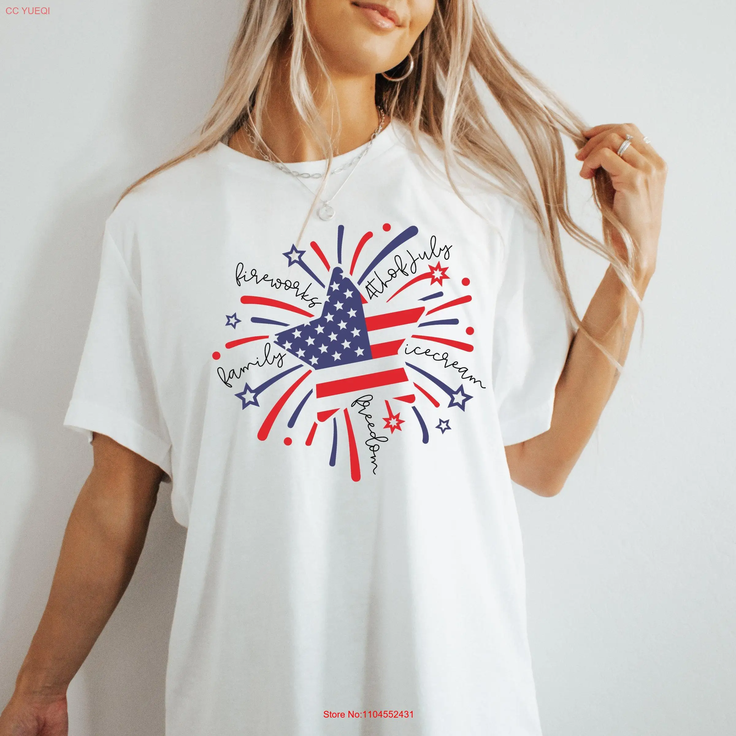 

Firework USA T Shirt 4th July Independence Day 1776 America Red White Blue Flag Flower For American long or short sleeves