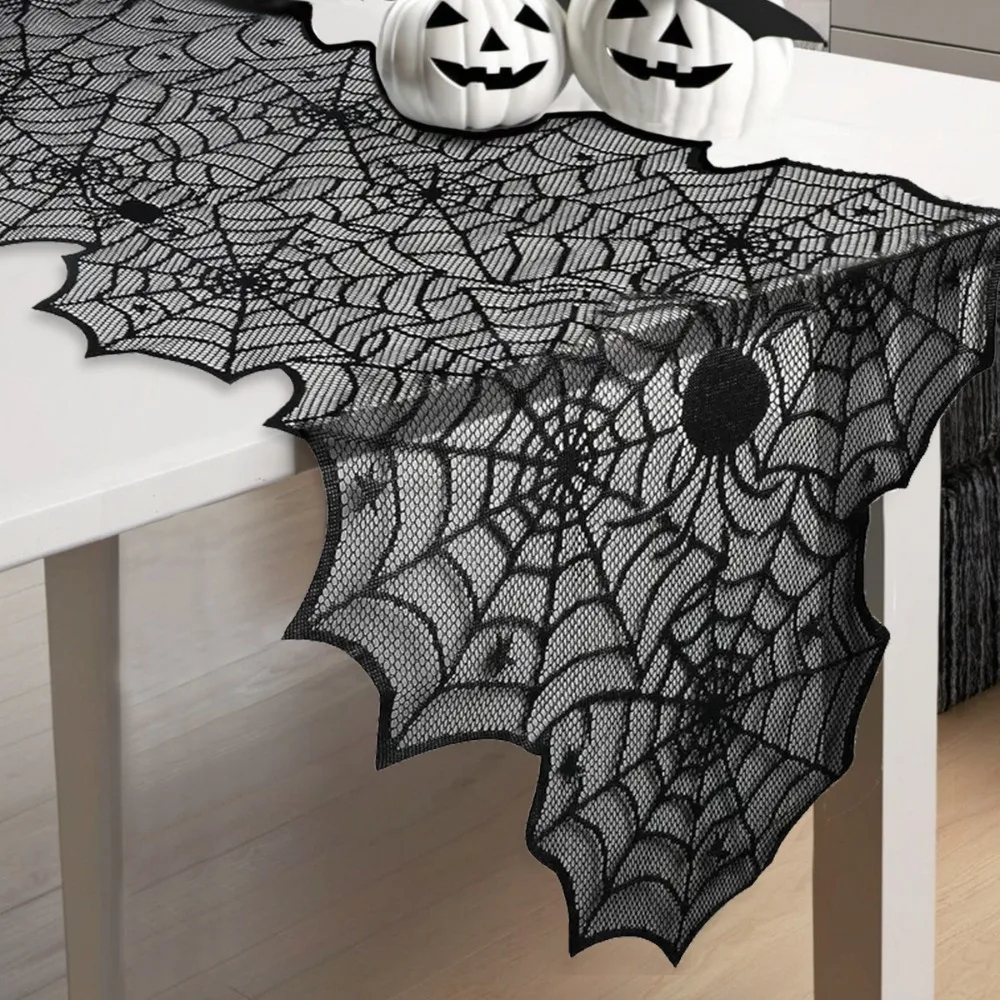 Translucent Spider Web Black Lace Table Runner with Spider Pendant Long Strip Gothic Lace Tablecloth Mesh Halloween Table Cover