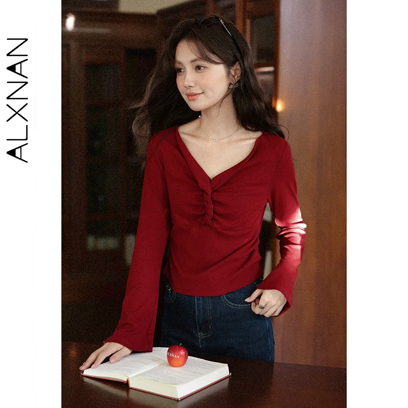 

ALXNAN Red T-shirt Vintage V-neck Pleated Waist Slim-fit Women Cotton T-shirts Casual Office Lady Long Sleeve Tees Female L57237