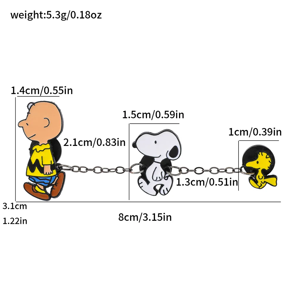 Snoopy mit Kette Anstecknadeln Emaille-Pins Cartoon-Broschen Reversnadeln für Rucksack Kleidung Abzeichen Süße Fangeschenke
