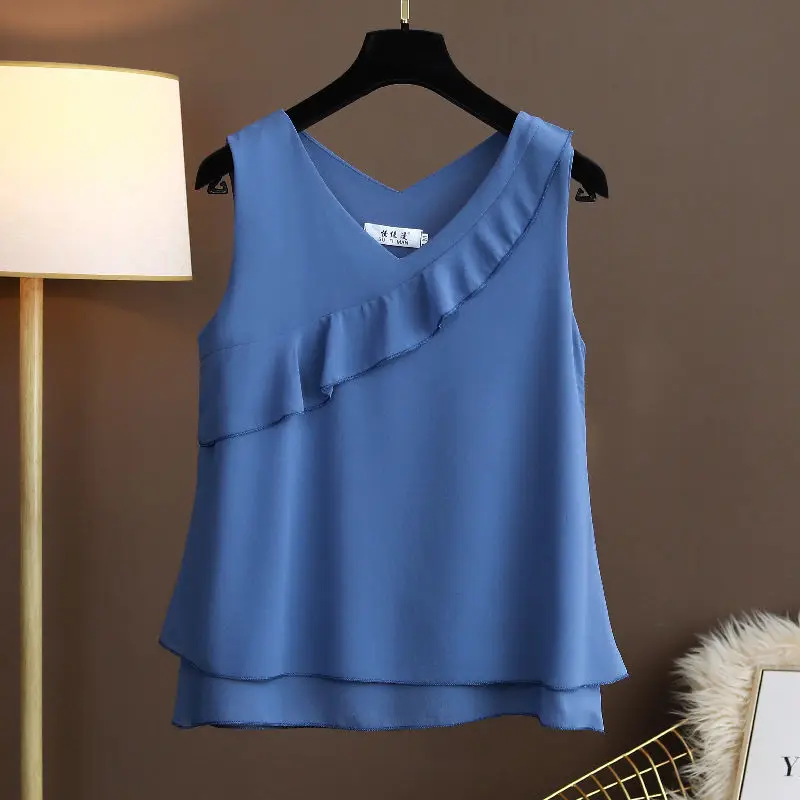 Banerdanni 2024 Summer New Women Loose Ruffles  Chiffon Blouses Sleeveless V-neck Vest Female Oversized 6XL Tops Blusas De Mujer