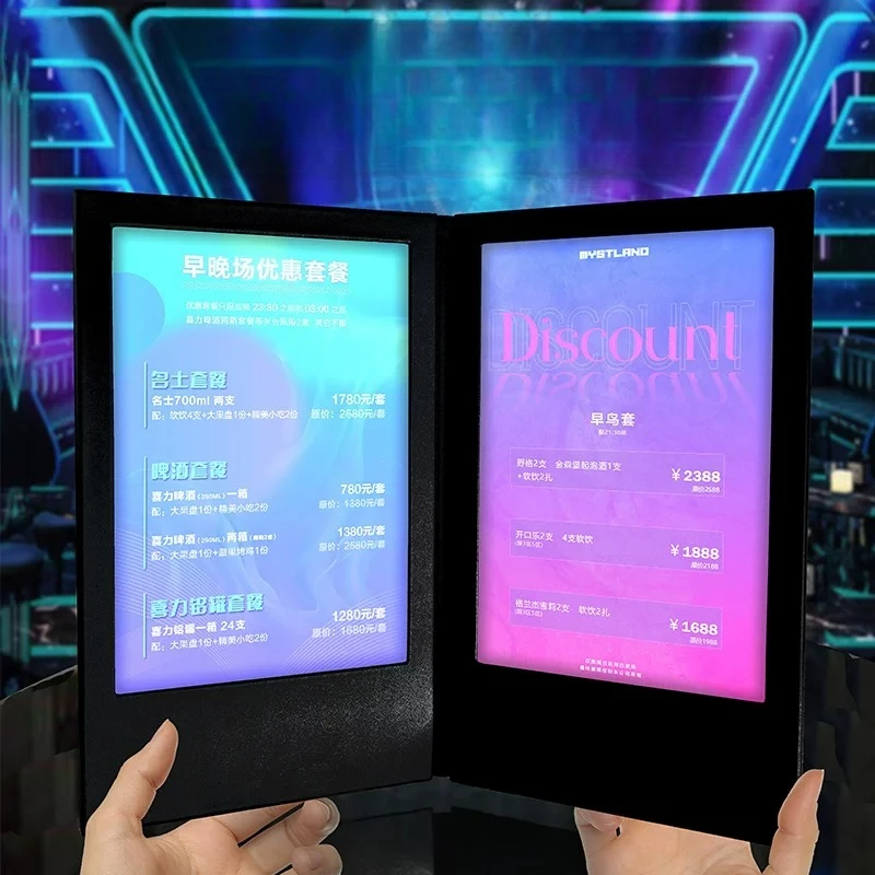 Customized Easy to Close Automatic Induction Single Side Multi-sided Light Emitting Diode Menu for Restaurant/Bar