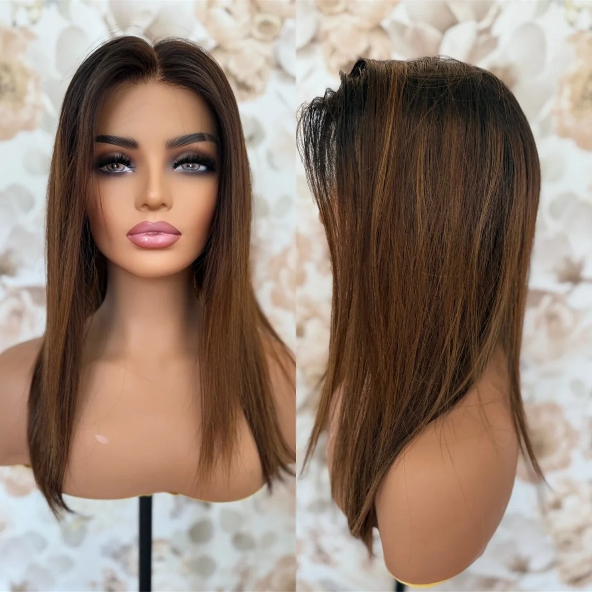 

Синтетический парик с центральным пробором, светло-коричневый, с темными корнями, средней длины, прямой, многослойный, 18 дюймов, для женщин