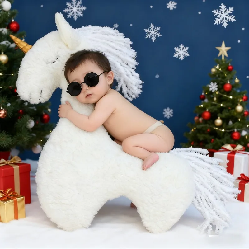 新生児ポーズピローユニコーンセット、柔らかいぬいぐるみ馬クッション＆赤ちゃんの写真撮影用のフォトプロップブランケット、女の子男の子スタジオ用の装飾