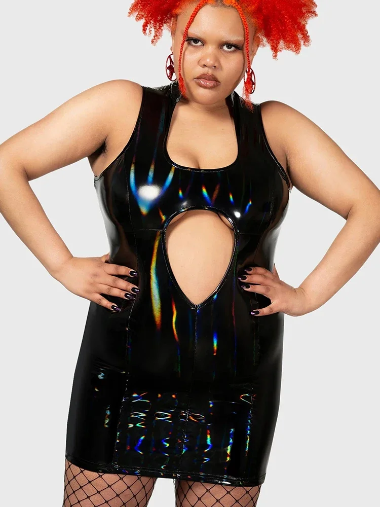 Gothic Plus Size Women Shiny Patent Leather Dress 7XL Stretch Bodycon Hollow Out Mini Dress Party 6XL Custom Nightclub Costume