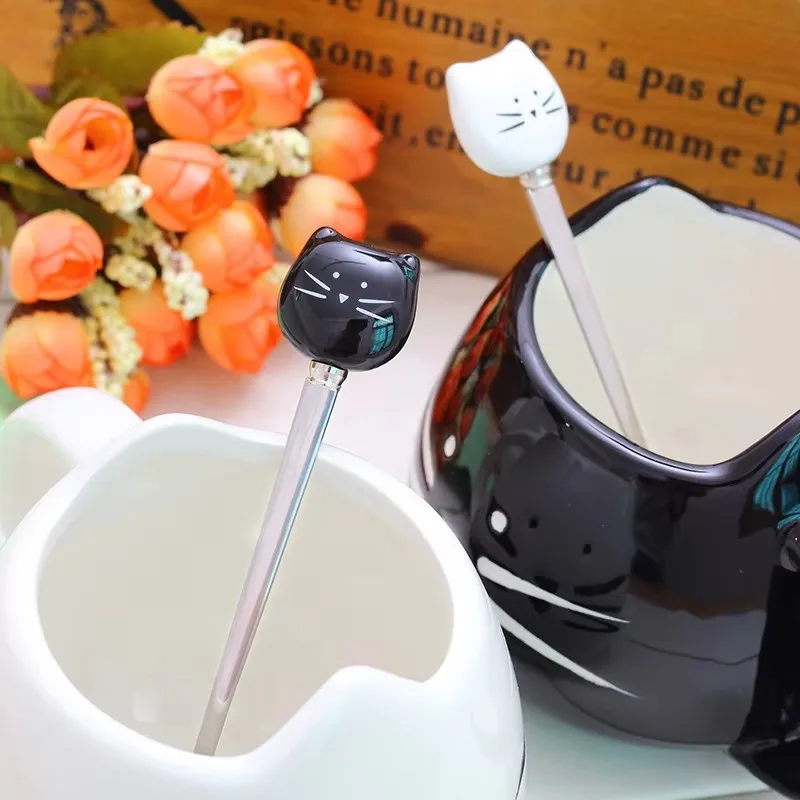 300Pcs/Lot Creative Cartoon White Black Cat Spoon Stainless Steel Tea Coffee Ice Cream Spoons Tableware Decor Wholesale LX1304