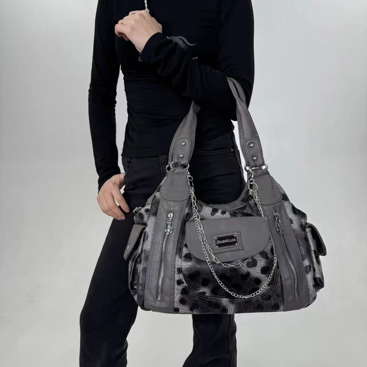 

Grey Leopard Print Hangbag Y2k Shoulder Bags Hot Girl Tote Large Capacity Portable Messenger Bag