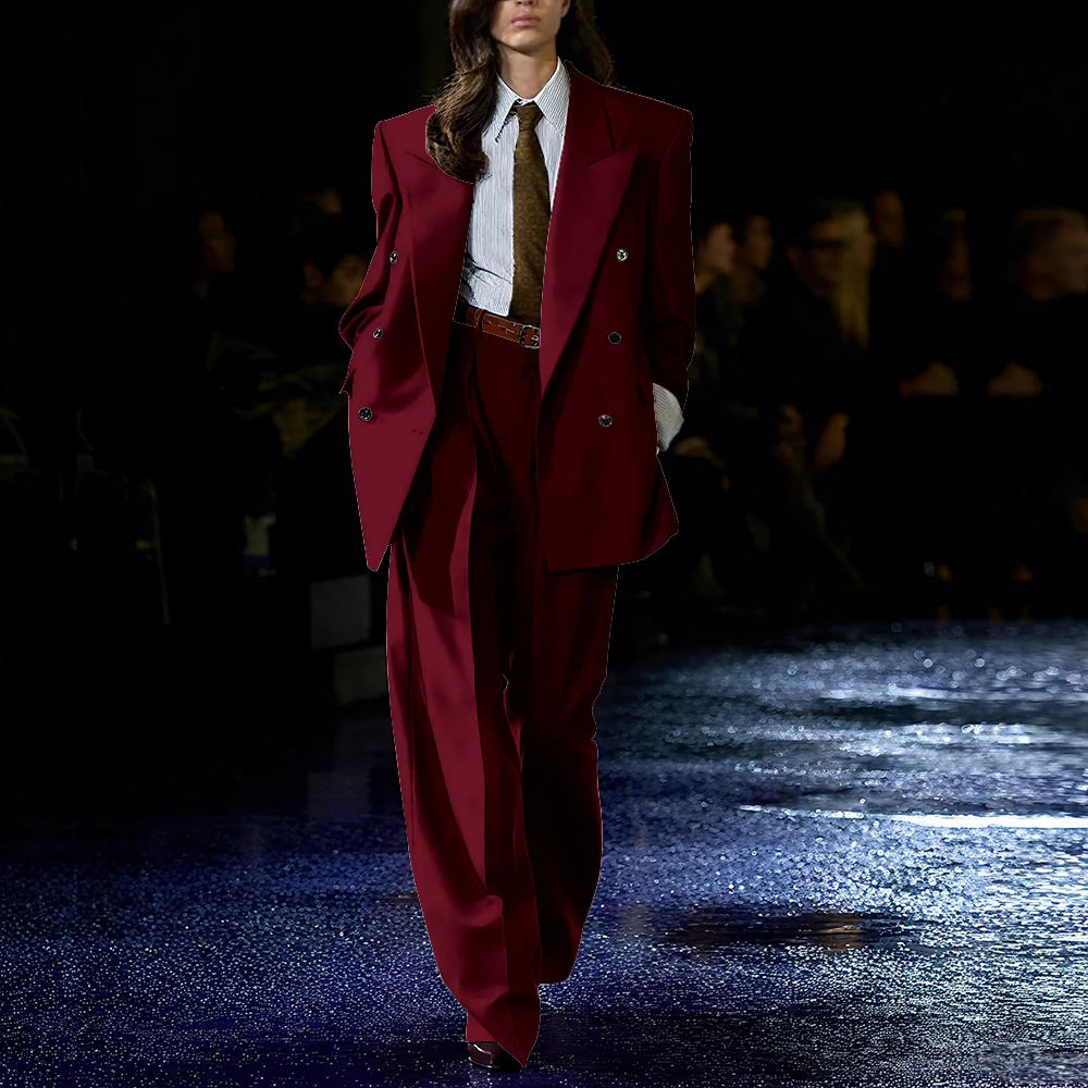 

Винно-красный женский костюм из двух предметов, комплект пышной пиджак с лацканами и брюками, свободный костюм на заказ, офисная повседневная женская одежда