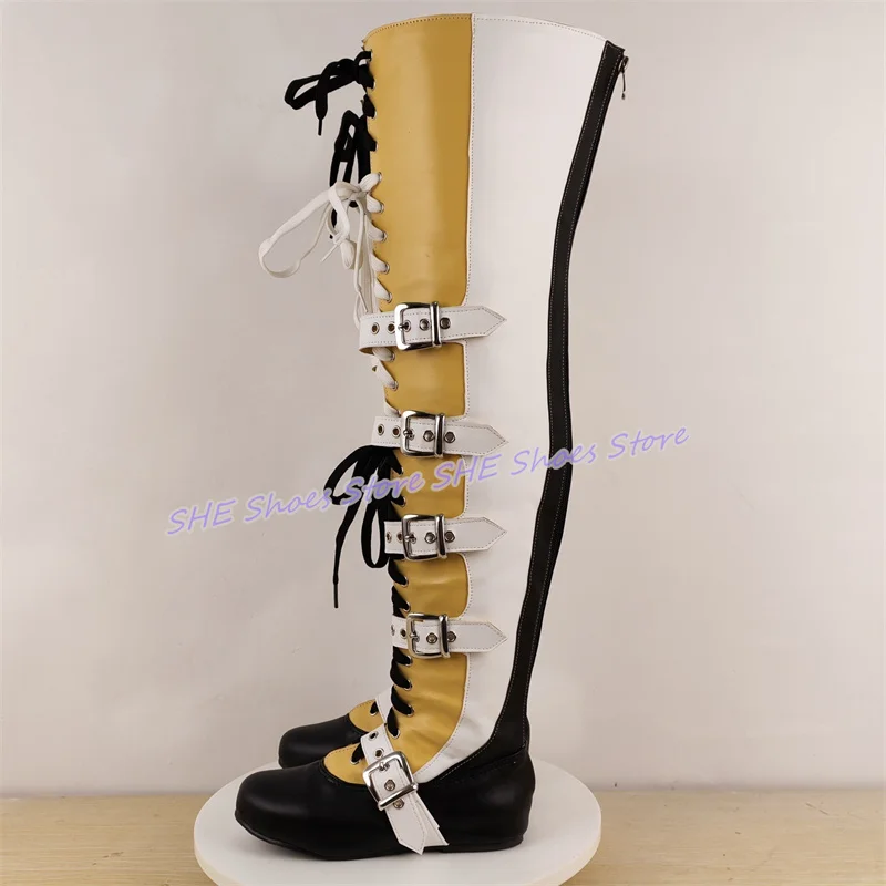 

Punk Belt Buckle Cross-Tied Strap Knee High Boots for Women Mixed Color Lace-Up Party Casual Long Boots Lady Winter Boots