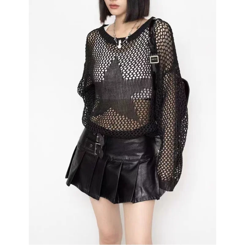 Women Long Sleeve Sexy for T Shirt Sexy Hollow Grid Tops Loose Mesh for Sun for Protection Jumper Crew Neck Pullover Swea