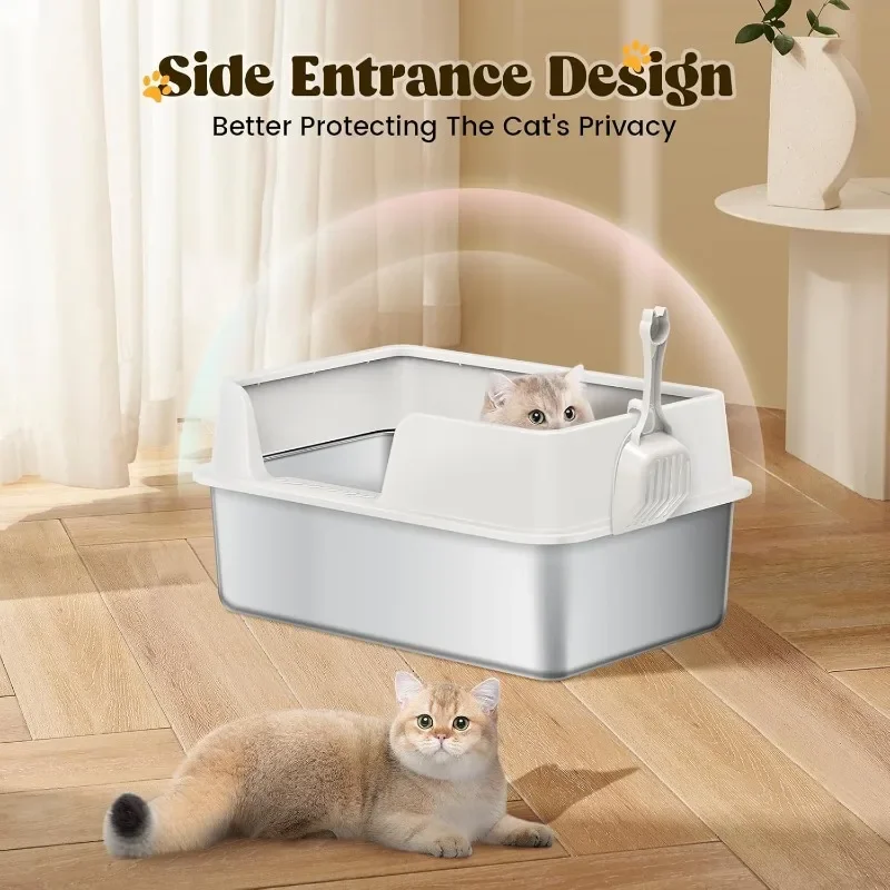 Stainless Steel Litter Box, Large Metal Pan for Multiple Cats, Better Cat Privacy Side Entrance Non-Sticky, Scoop & Mat Included