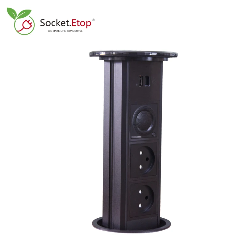 All Black  Israeli Plug Pneumatic Push Socket Hexagon Power Outlets Hidden Automatic Pop Home USB(A+C) Bluetooth Speaker