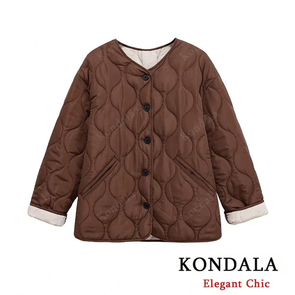 

KONDALA Vintage Chic Loose Padding Jacket Coat Women O-Neck Button Oval Texture Coat 2025 Fall Winter Fashion Casual Female Coat