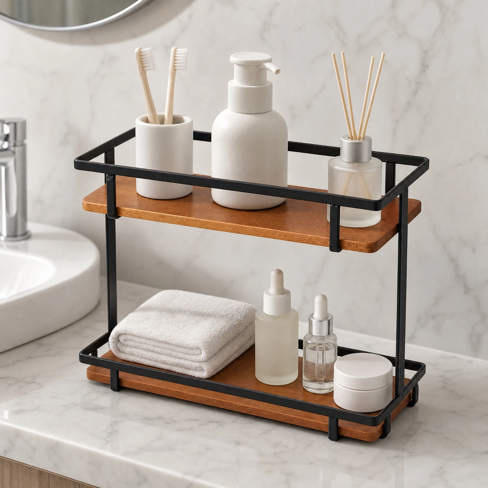 Two-Tier Countertop Storage Rack Space-Saving Bamboo Shelf Countertop Rack Kitchen Counter Shelf with Two Tiers Lightweight