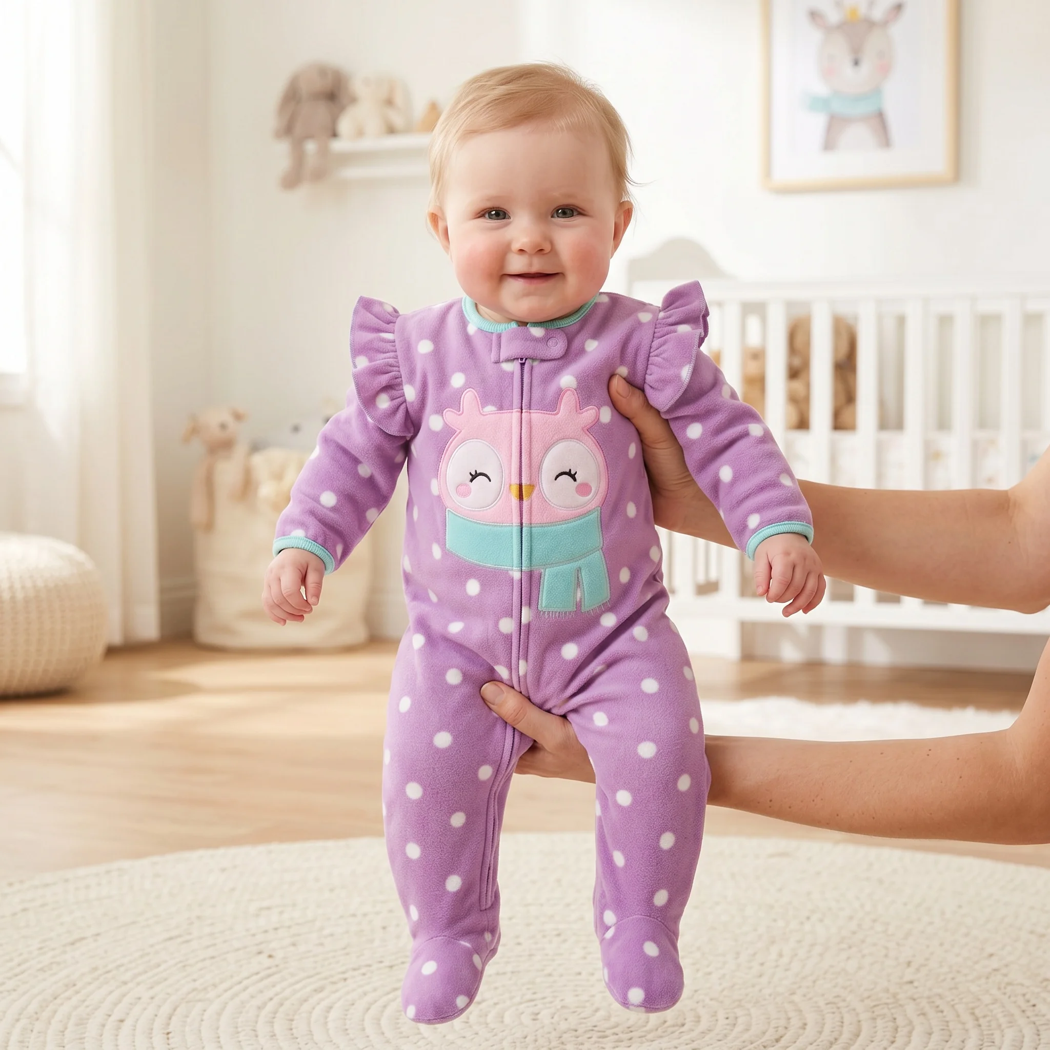 Infant Girls Polar Fleece Footed Romper Heart Polka Dot Print Cute Animal Letter Embroidery Zip Onesie Fall Winter Baby Clothes