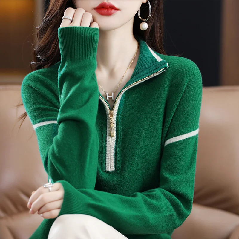 

Spring Autumn New 2024 Fashion Lapel Sweater Female Joker Half-high Zipper Loose Pullovers Sweater Top-grade Bottoming Women Top