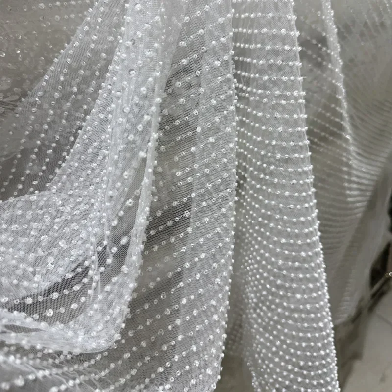 New Vertical Bead Sequin Embroidery Lace Fabric DIY Wedding Dress Evening Gown Bead Yarn Fabrics For Sewing