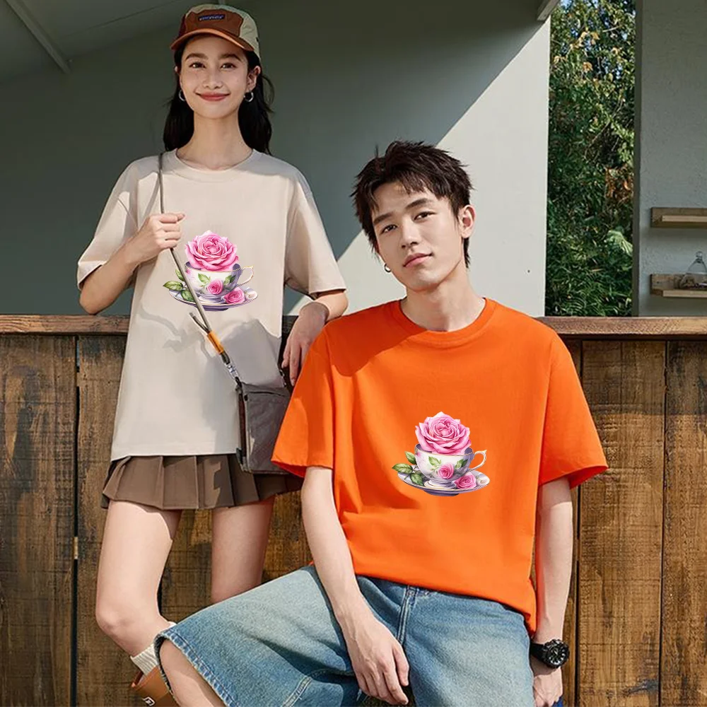 Pink Rose Teacup Printed T Shirt Breathable Fabric S-XXL Personalized Custom T Shirt Aesthetic Graphic Top Unisex Fit Casual Sho