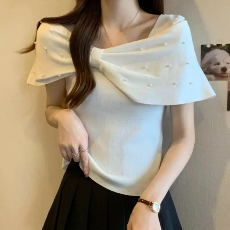 Korean Style Bow Slash Neck Bead Knitted T-shirt Women's Summer New Slim Fit Solid Color Office Lady Temperament Top