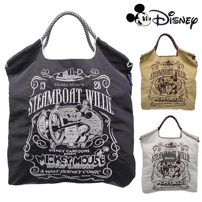 2024 Disney Mickey Shoulder Bags for Women Nylon Embroidery Storage Bag Large Capacity Portable Shopping Bag Drawstring Handbag