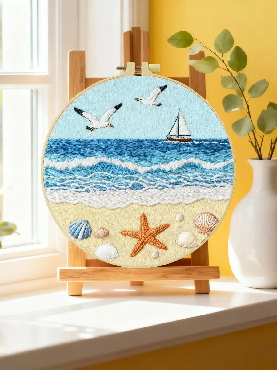 1 Stück 20X20CM/15X15CM 7,87/6,3 Zoll Strand-Stickerei-Starter-Kit DIY-Kit DIY-Stickerei-Set Handarbeiten Malerei – Detail 6