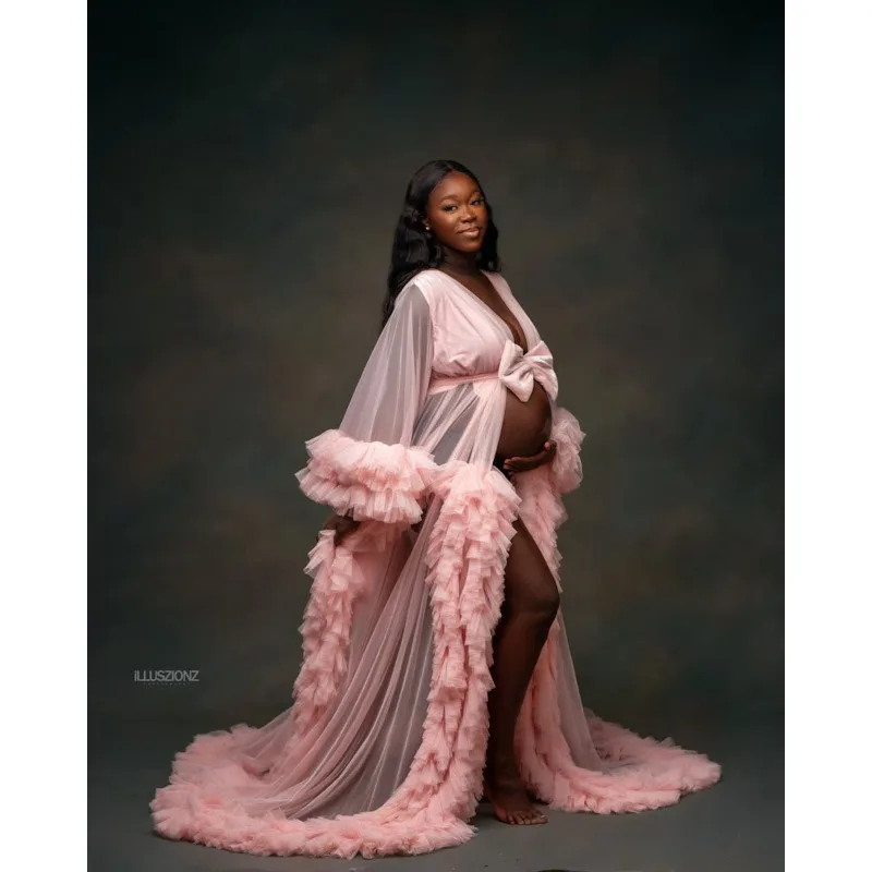 Sheer Tiered Ruffle Tulle Photoshoot Robe, Big Bow Waist Long Train Mesh Cover Up Gown, Tie Waist Flowy for Wedding Maternity