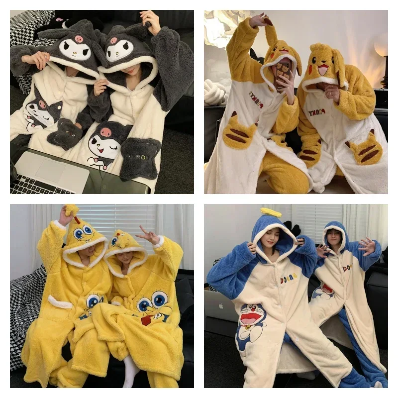 Pochacco Matching Pajamas for Couples Kuromi Dinosaur Robe Set Cartoon Pyjamas Thicken Coral Fleece Plush Winter Home Sleepwear