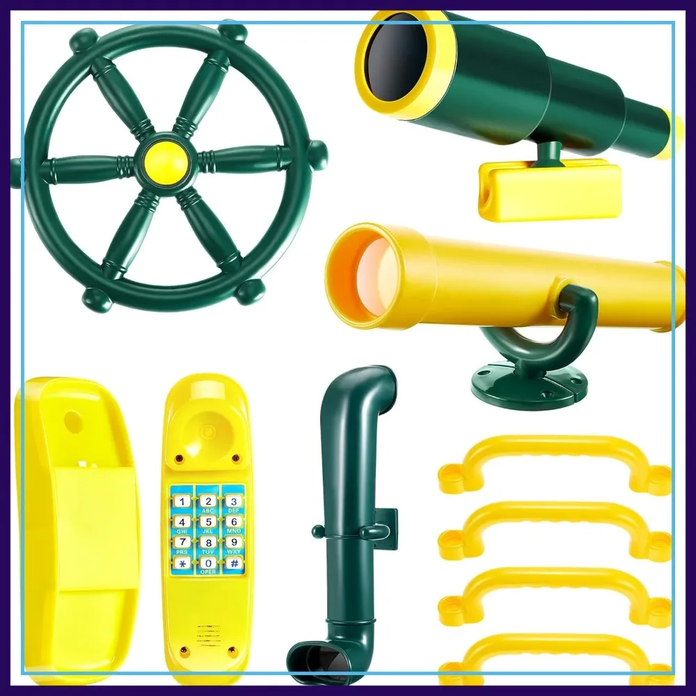 

9 Pcs Playground Accessories Set with Plastic Wheel, Telescope, Periscope, Telephone, Safety Handle Bars for Outdoor Playhouse