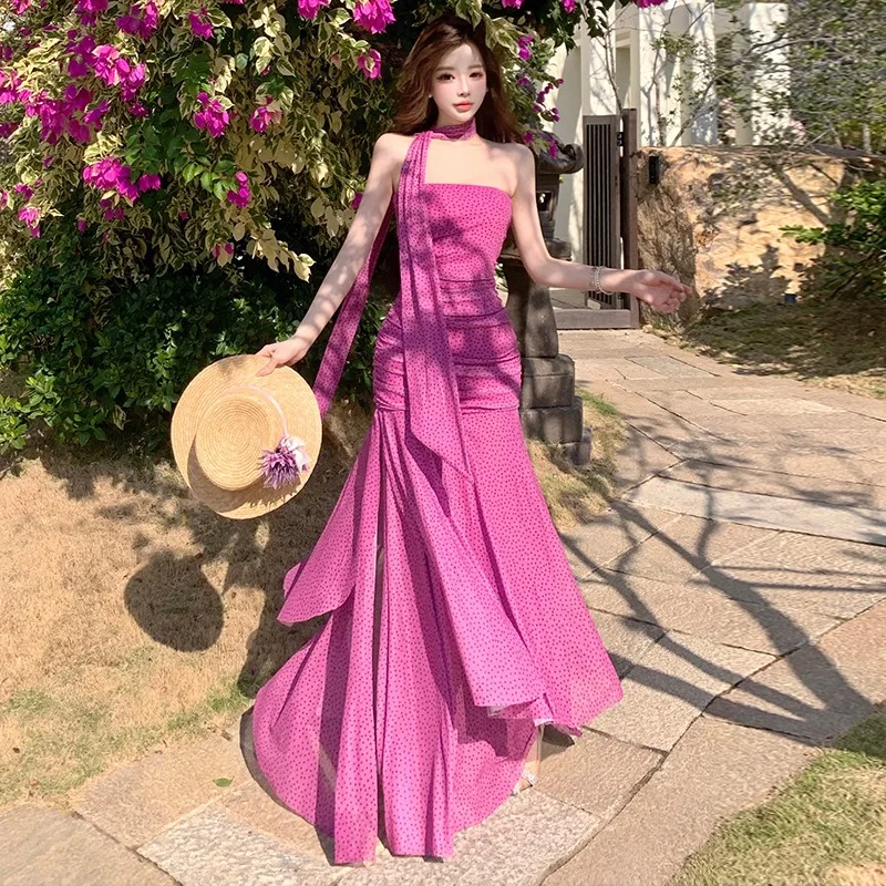 

Пляжное макси-платье в горошек с высокой талией и асимметричным подолом, розово-фиолетовое, для женщин, для повседневной носки и отпуска