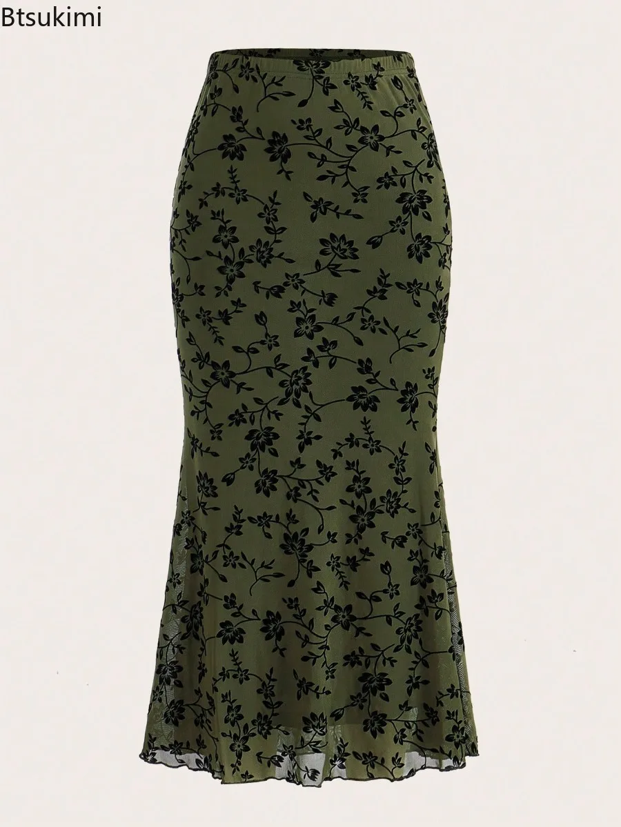 2026 New Women's Elegant Long Skirts Spring Fashion Casual Floral Printed Slim Fishtail Maxi Skirts Females Vintage Streetwear
