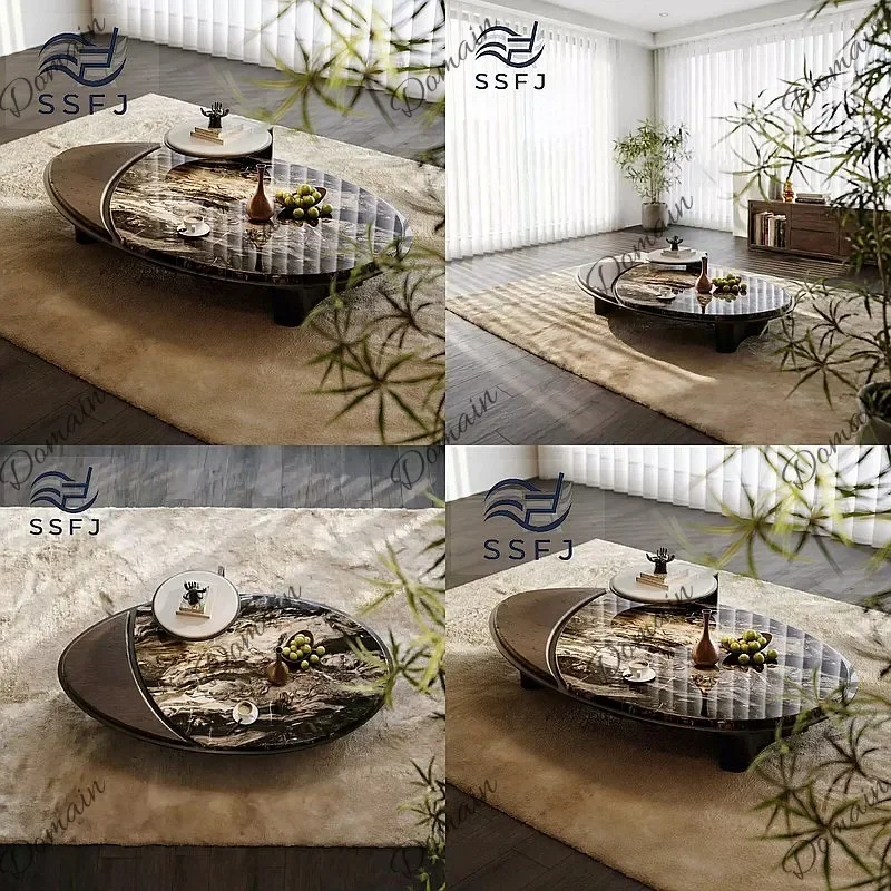 81 N Modern Minimalist Oval Coffee Table with Marble Texture Top for Hotel Showroom Living Room Furniture