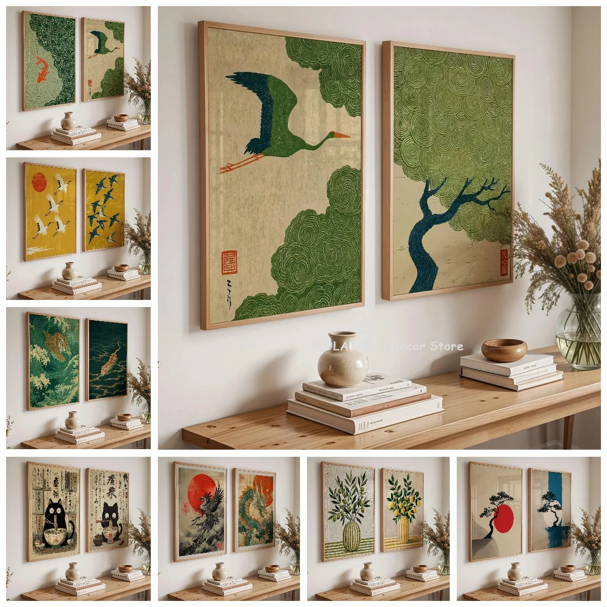 1/2pcs Japanese Crane Koi Swallow Canvas Print Green Woodblock Bird Tree Peace Meditation Wall Art Poster for Modern Home Decor