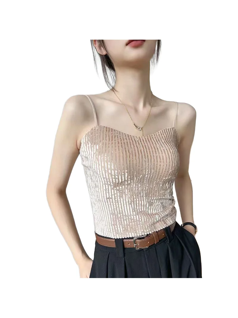 เสื้อกั๊กกำมะหยี่สีทองสำหรับฤดูใบไม้ร่วงและฤดูหนาว สายเล็ก บุฟองน้ำสวยงาม ใส่เป็นเสื้อนอกหรือเสื้อชั้นในสำหรับผู้หญิง