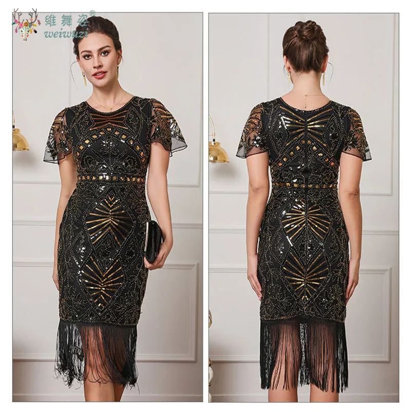 2025 뉴 레트로 볼 디너 파티 반팔 태슬 자수 글리터 메쉬 네일 비즈 칵테일 파티 슬리밍 이브닝 드레스