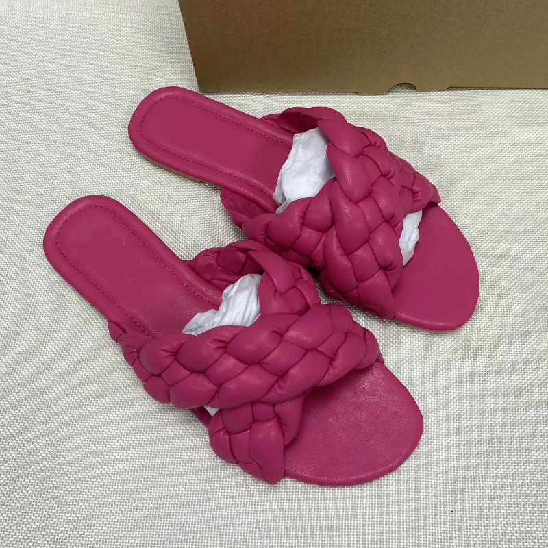 2023 Fashion Women\'s Shoes Cross Fashion Leather Weave Slides Women Flat with Outdoor Slippers Candy Color Summer Sandals