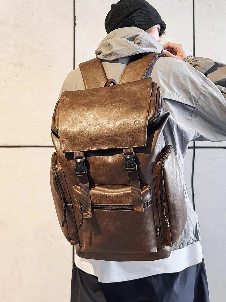 Men's Large Capacity Leather Backpack Travel Commuting Computer Bag Double Shoulder Strap Fashionable Modern Neutral Style