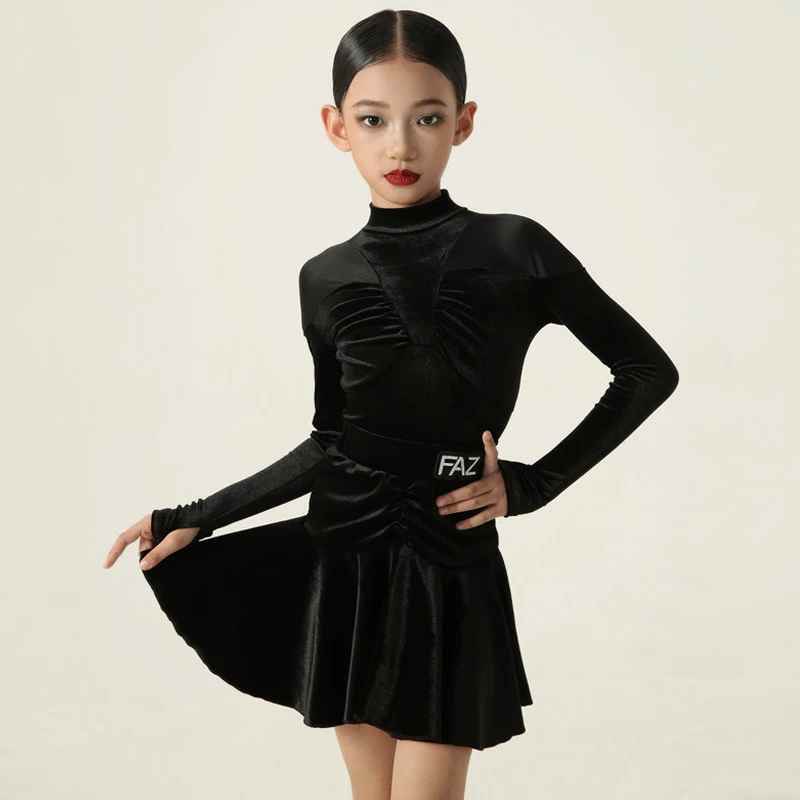 

Детская одежда для латинских танцев, черный танцевальный костюм для девочек, комплект с юбкой и боди с длинными рукавами, тренировочная танцевальная одежда VBH2519