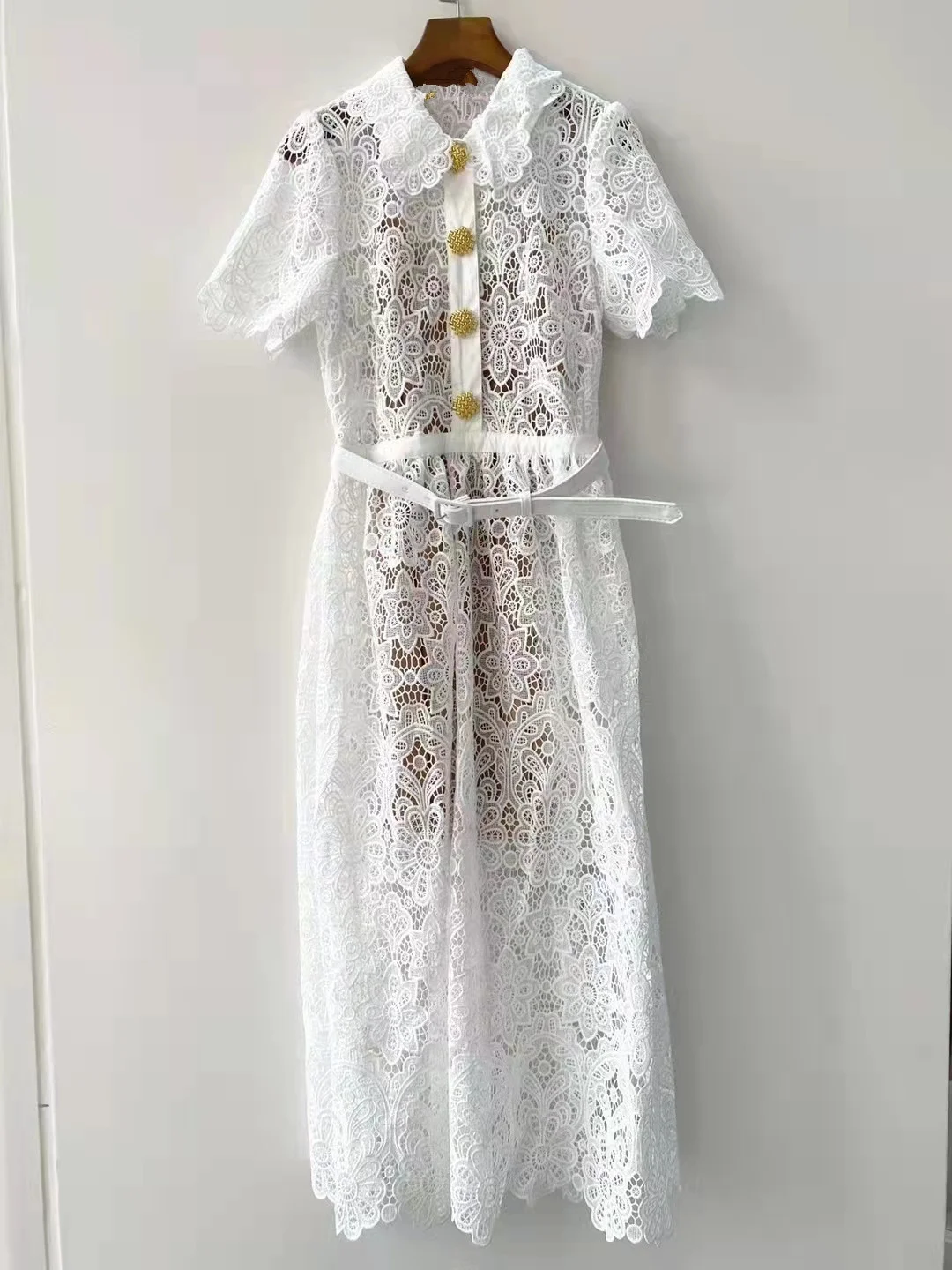 JAMERARY Runway Flower Embroidery Lace Prom Dress Women Summer White Peter Pan Collar Gold Button Midi Long Evening Vestido Lady