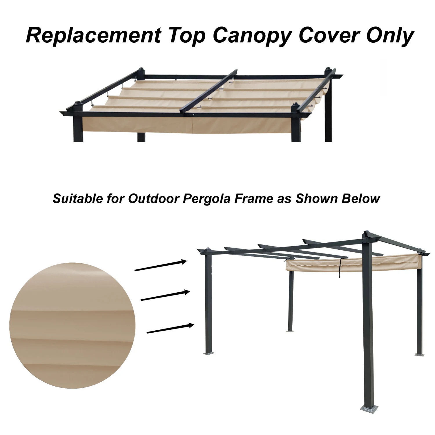 Replacement Canopy Top Cover Fabric for 13 x 10 Ft Outdoor Patio Retractable Pergola Sun-shelter Canopy-Khaki