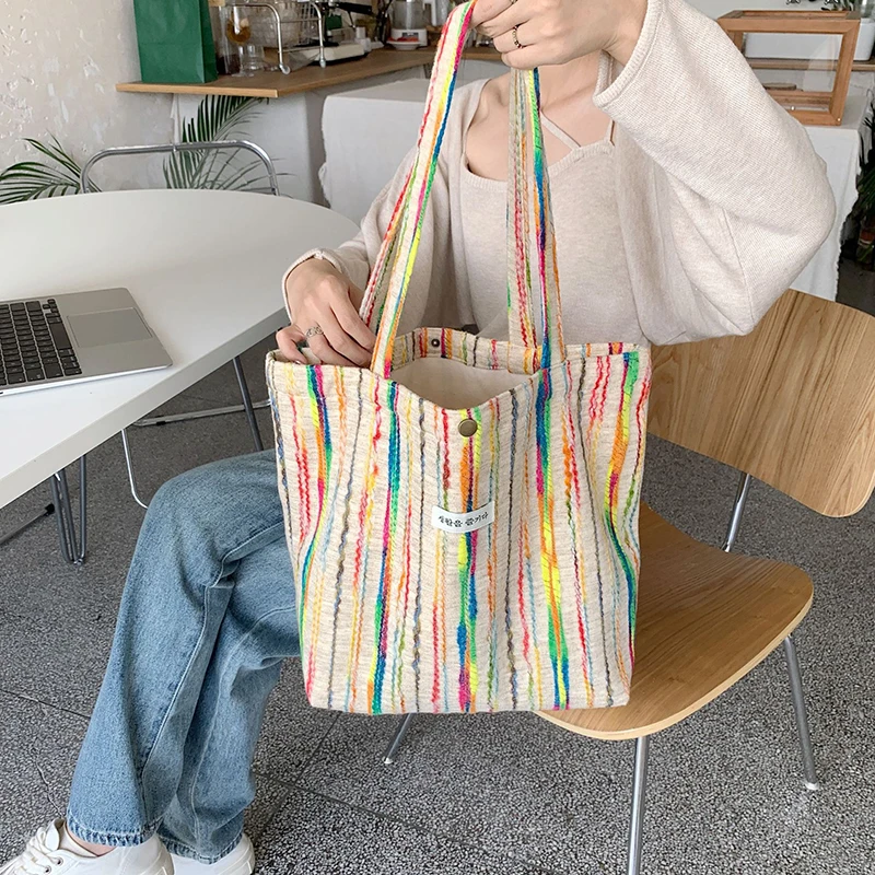 Rainbow Canvas Shoulder Bag Handbags for Women 2024 Designer Crochet Beach Bag Casual with Buckle Cute Stripes Shopper Tote Bags