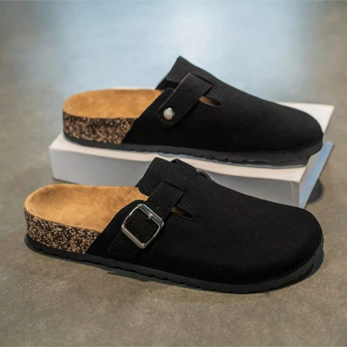 

Unisex Indoor/Outdoor Stylish Casual Shoes – Cork Flat Mules with Half-Toe Coverage, Slip-On Design