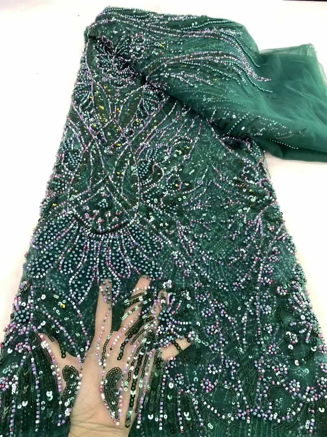 Latest African Elegant Beaded Lace Fabric Green Embroidery French Mesh Sequins Lace Fabric Nigerian Tulle Lace For Party