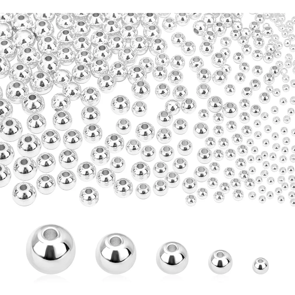 

5 Sizes Smooth Round Beads 300pcs 14K Silver Plated Beads Little Round Bead Seamless Ball Bead Long-Lasting Spacers