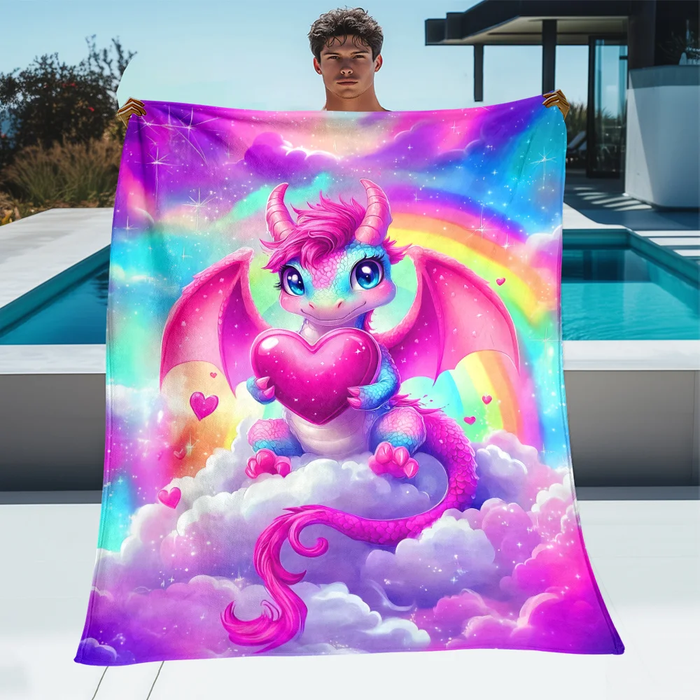 Cute Dragon Holding Heart Fleece Blanket Rainbow Clouds Fantasy Animal Throw Blanket Soft Plush Bedding Gift for Kids Girls