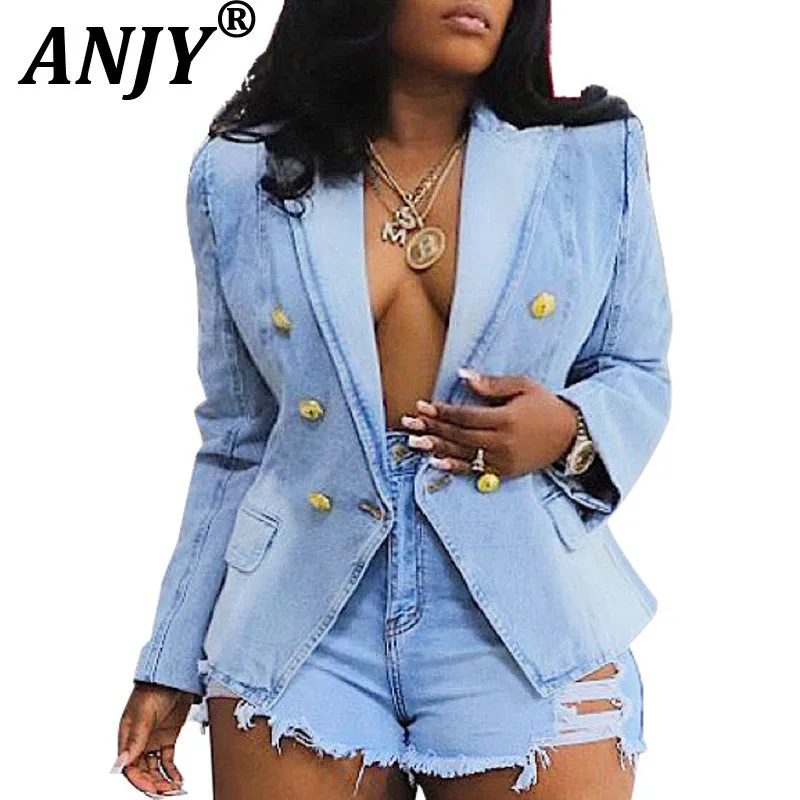 ANJY Autumn New Women American Slim Fit Double-Breasted Lion Button Trendy Denim Blazer Fashion Office Lady Casual Jacket A12152