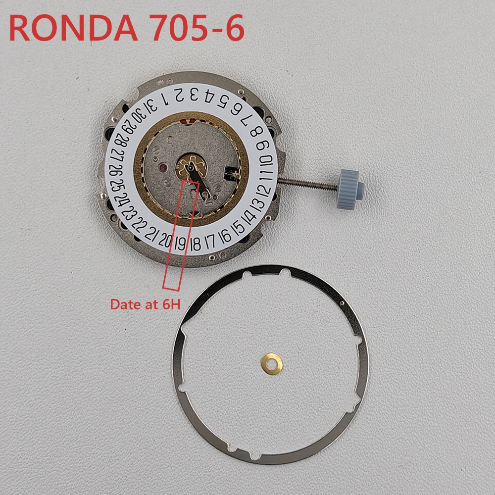 Genuine Ronda Quartz Movement 705 705-6H White Datewheel at 6H O'clock Standard 3 Hands Quartz Watch Mechanism Battery Included
