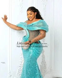 Customized Blue African Prom Dresses Plus Size 3D Pleated Off the Shoulder Evening Gowns Aso Ebi Style Wedding Reception Dress