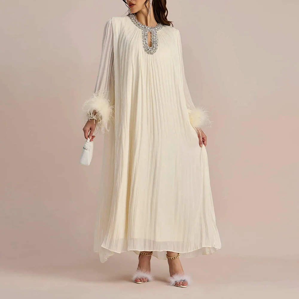 TWOTWINSTYLE Solid Loose Spliced Feather Dresses for Women Round Neck Long Sleeves Patchwork Diamonds Dress Female Clothing New