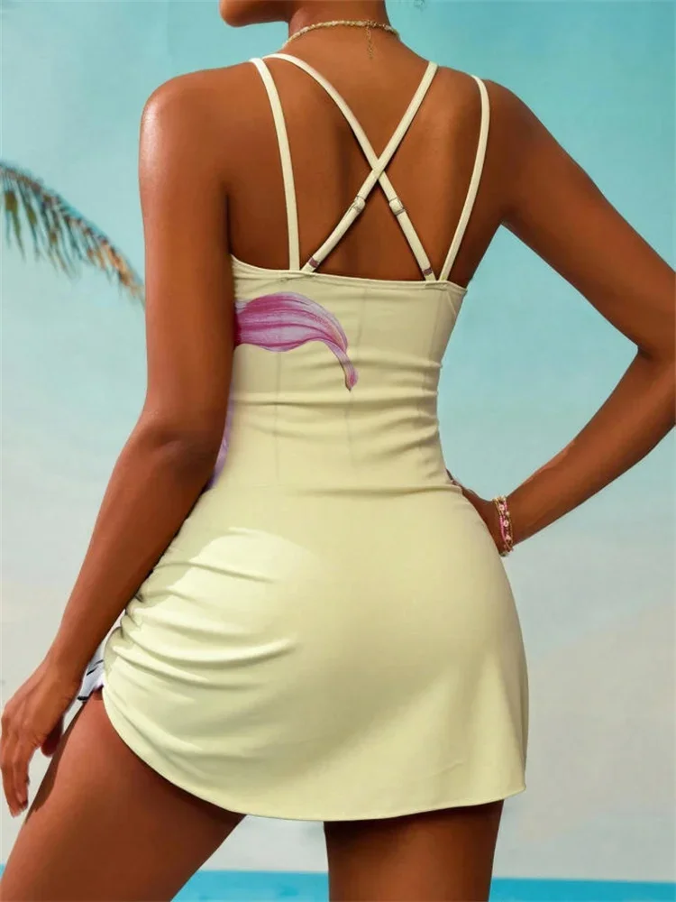 Vintage Yellow Lily Floral Print One Piece Swimsuit Women Double Strap V Neck Slim Tummy Control Skirt Swimwear Bikini Monokini