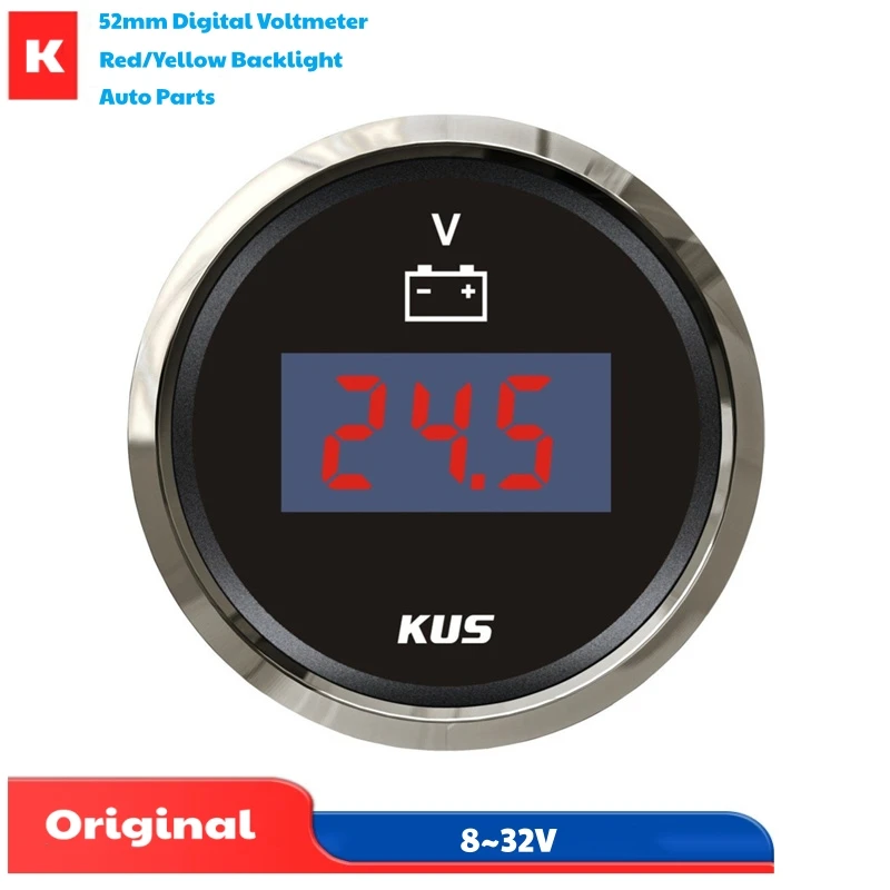 KUS 52mm Digital Volt Meters 8-32v Show Voltmeters Voltage Gauges with Yellow or Red Backlight for Car Boat Truck Bus